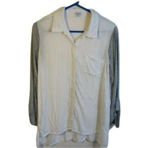 Women's Button Front Top Medium Casual Multimedia Sheer Bodice Roll Tab Sleeve